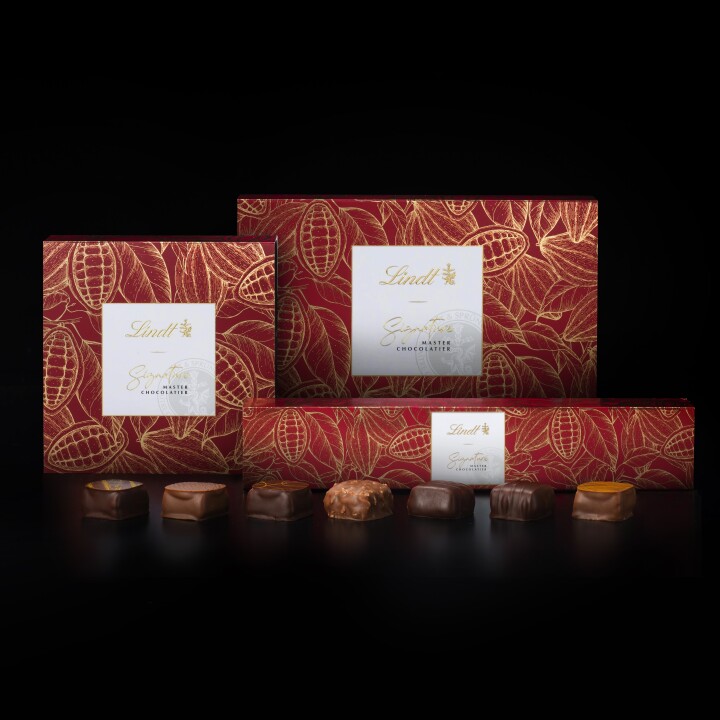 リンツ シグネチャープラリネ（8個入／16個入／28個入）3,900円／7,400円／11,800円
伝統と⾰新の最⾼のバランスを追い求め、世界中から最⾼級の素材を厳選。この冬の時期にしか⼿に⼊らない、全7種の贅沢なアルティザン・ショコラ。